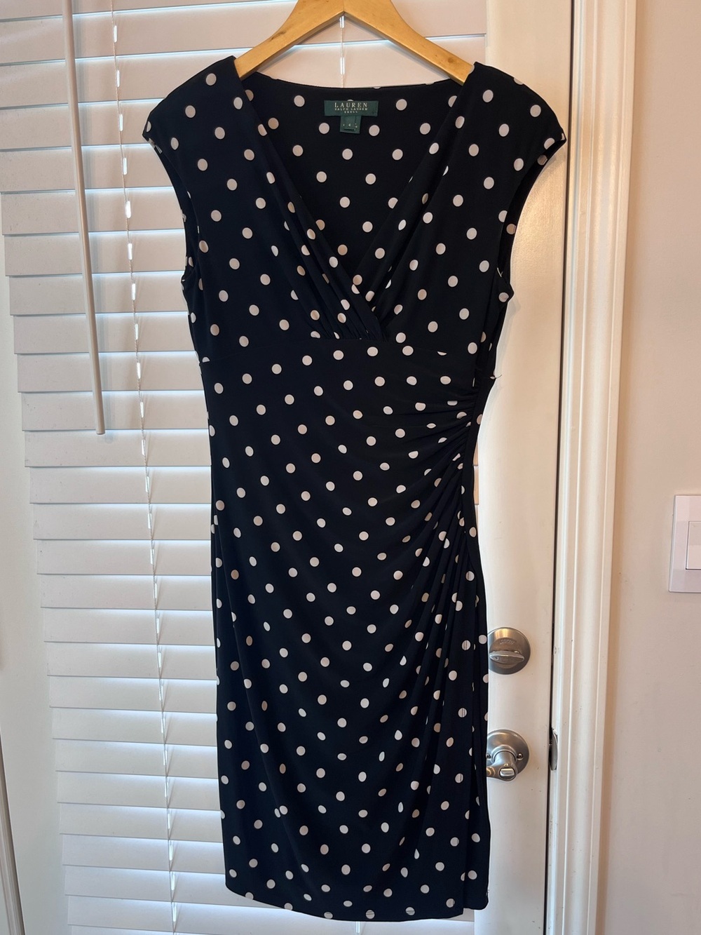 Lauren Ralph Lauren Black Polka Dot Faux-Wrap Dress Size 4